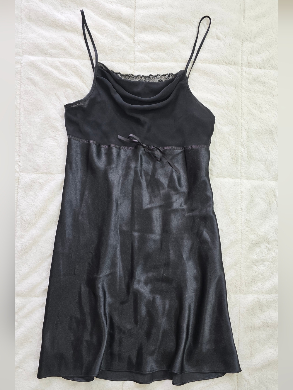 Delicates Black Satin Chemise with Lace Trim Size S